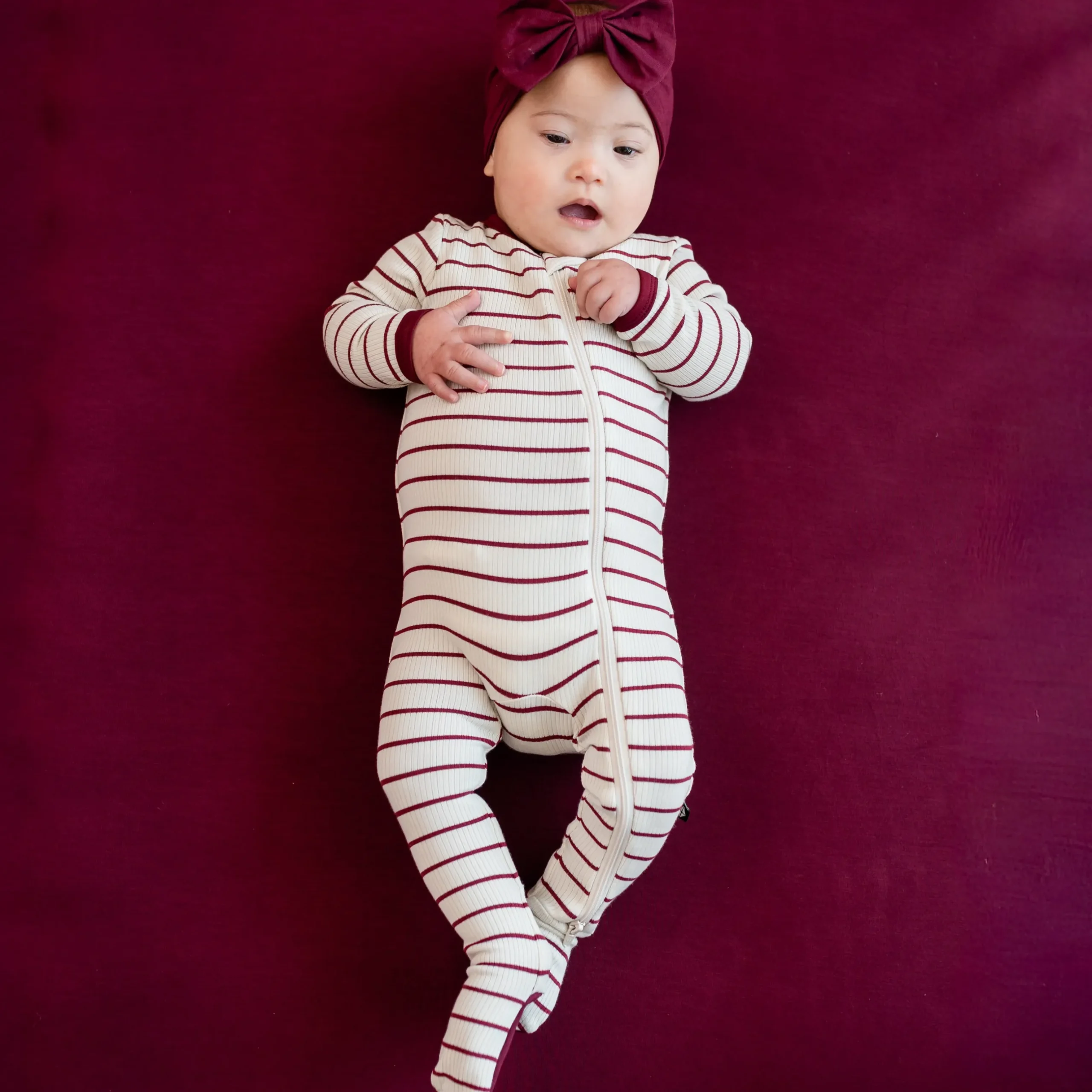 Best Kyte Baby Ribbed Zipper Footie in Burgundy Stripe