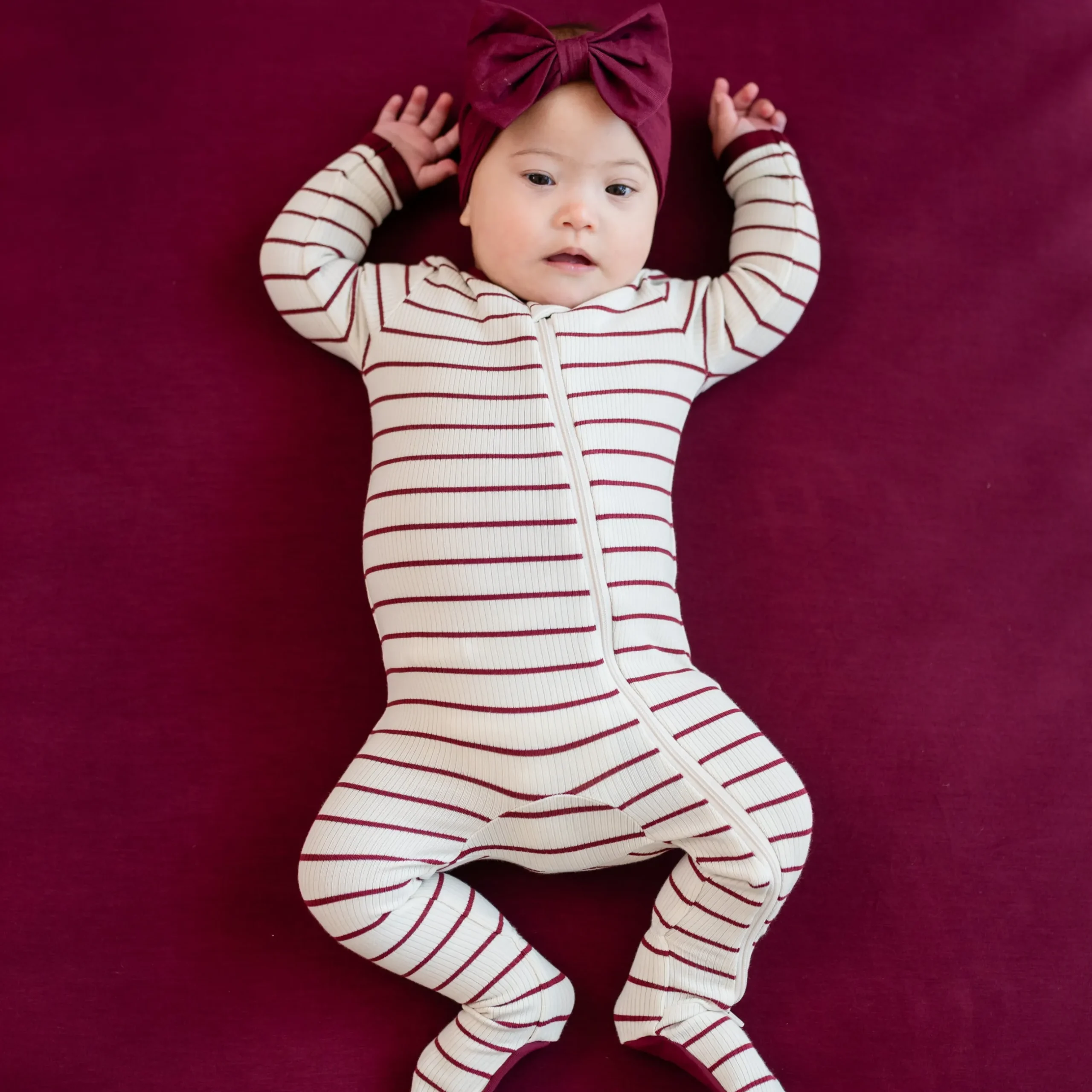 Best Kyte Baby Ribbed Zipper Footie in Burgundy Stripe