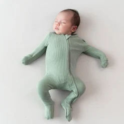 New Kyte Baby Ribbed Zipper Footie in Thyme