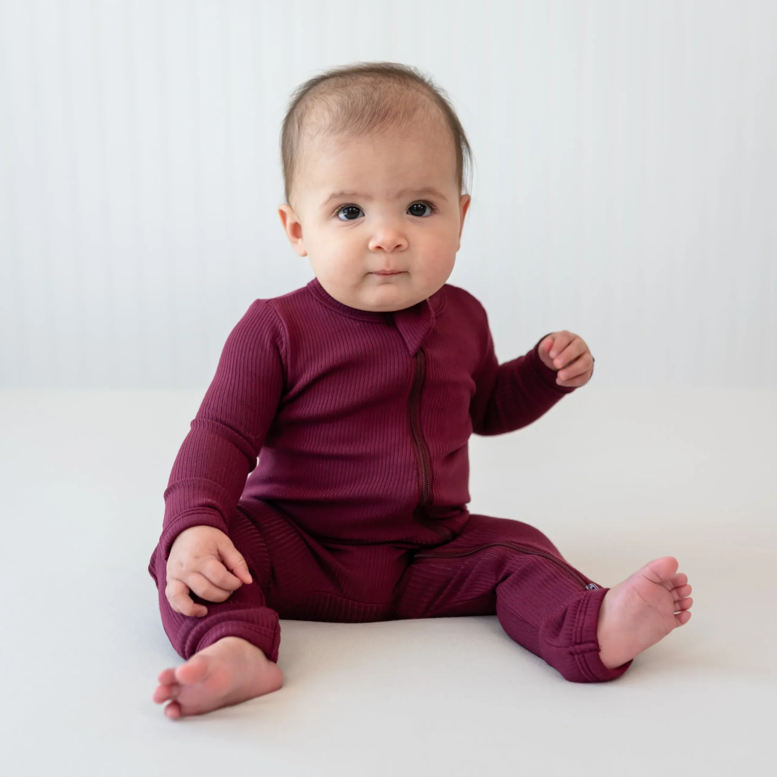 Sale Kyte Baby Ribbed Zipper Romper in Burgundy