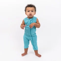 Hot Kyte Baby Ribbed Zippered Sleeveless Romper in Makai