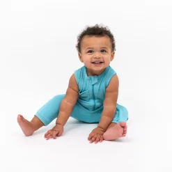 Hot Kyte Baby Ribbed Zippered Sleeveless Romper in Makai