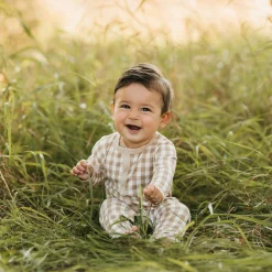 Outlet Kyte Baby Romper in Gingham Bisque