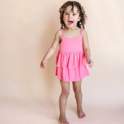 Hot Kyte Baby Spaghetti Strap Ruffle Romper in Guava