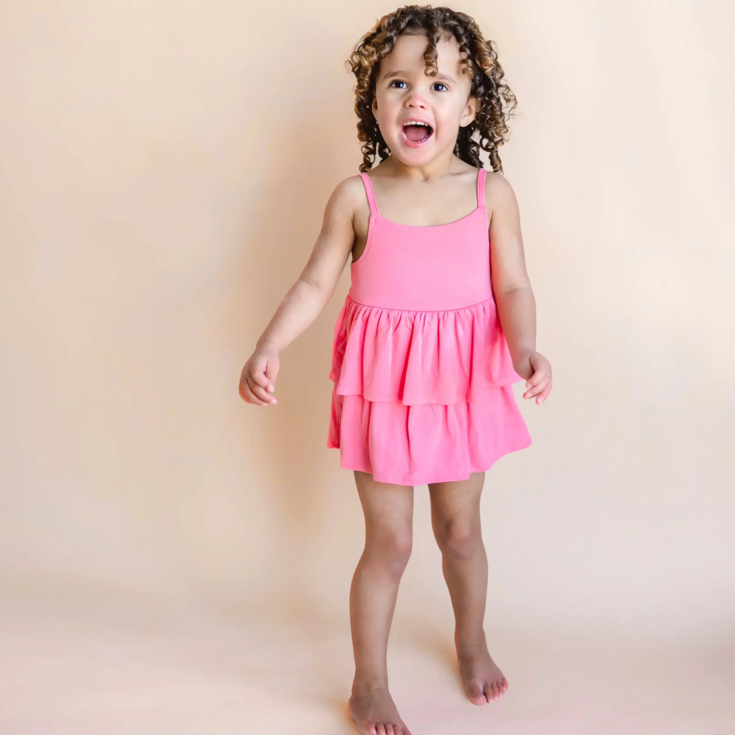 Hot Kyte Baby Spaghetti Strap Ruffle Romper in Guava
