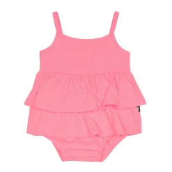 Hot Kyte Baby Spaghetti Strap Ruffle Romper in Guava