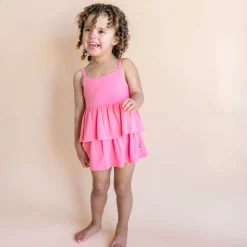 Hot Kyte Baby Spaghetti Strap Ruffle Romper in Guava