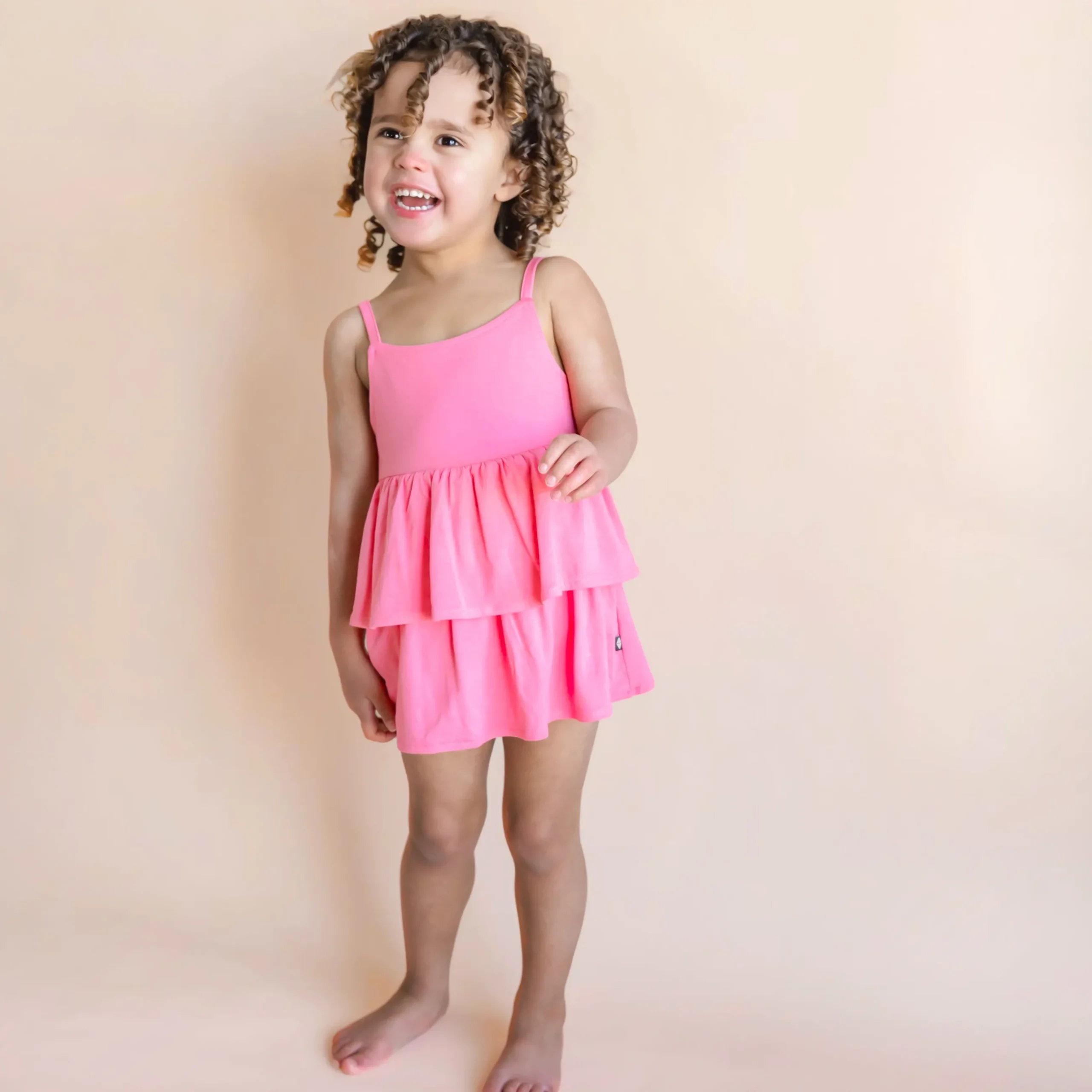 Hot Kyte Baby Spaghetti Strap Ruffle Romper in Guava