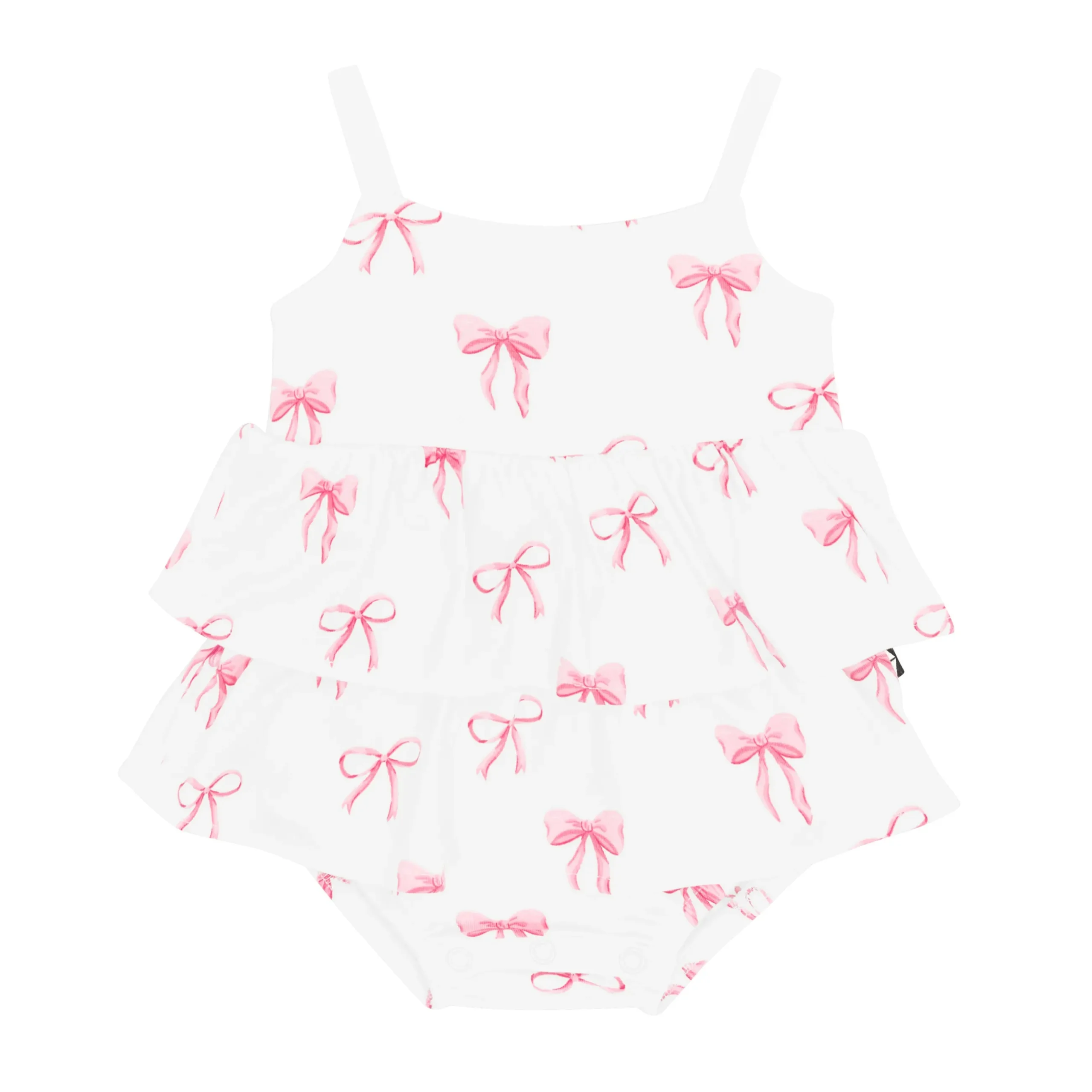 New Kyte Baby Spaghetti Strap Ruffle Romper in Bow