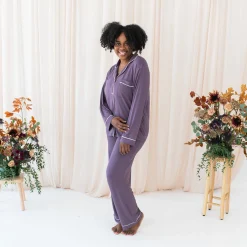 Kyte Baby Women's Long Sleeve Pajama Set in Currant with Cloud Trim