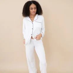New Kyte Baby Women's Long Sleeve Pajama Set in Snow with Midnight Trim