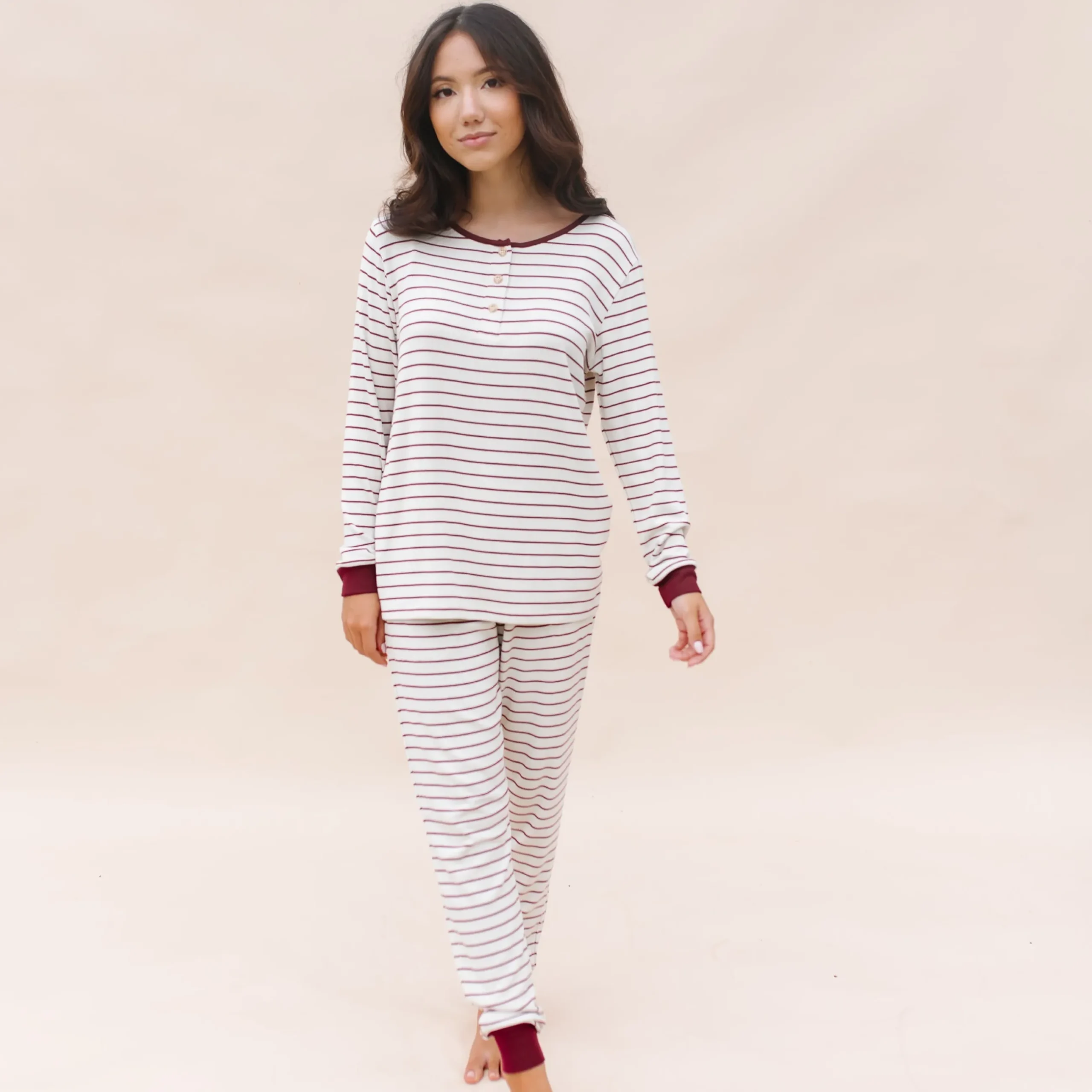 Outlet Kyte Baby Women’s Ribbed Henley Set in Burgundy Stripe