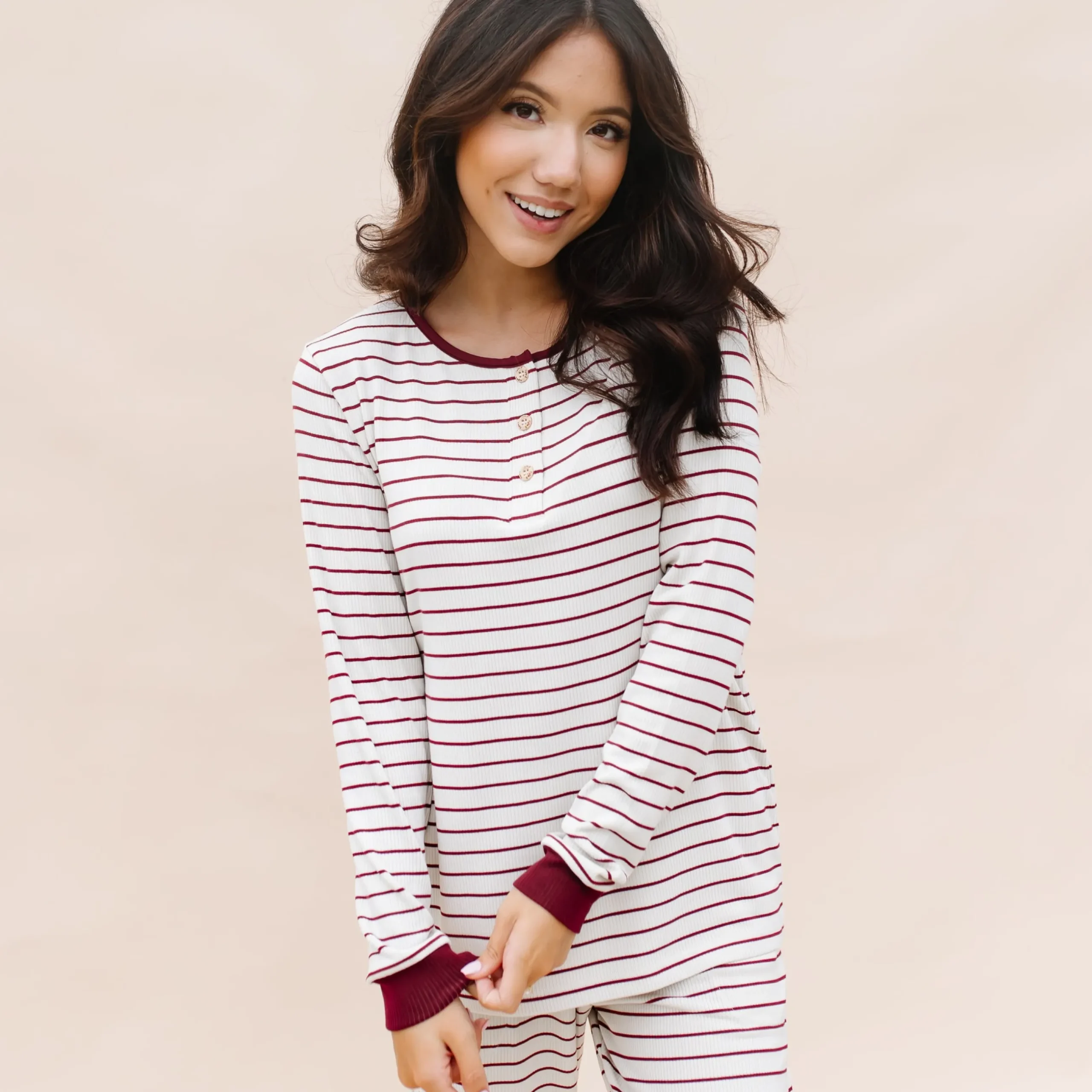 Outlet Kyte Baby Women’s Ribbed Henley Set in Burgundy Stripe