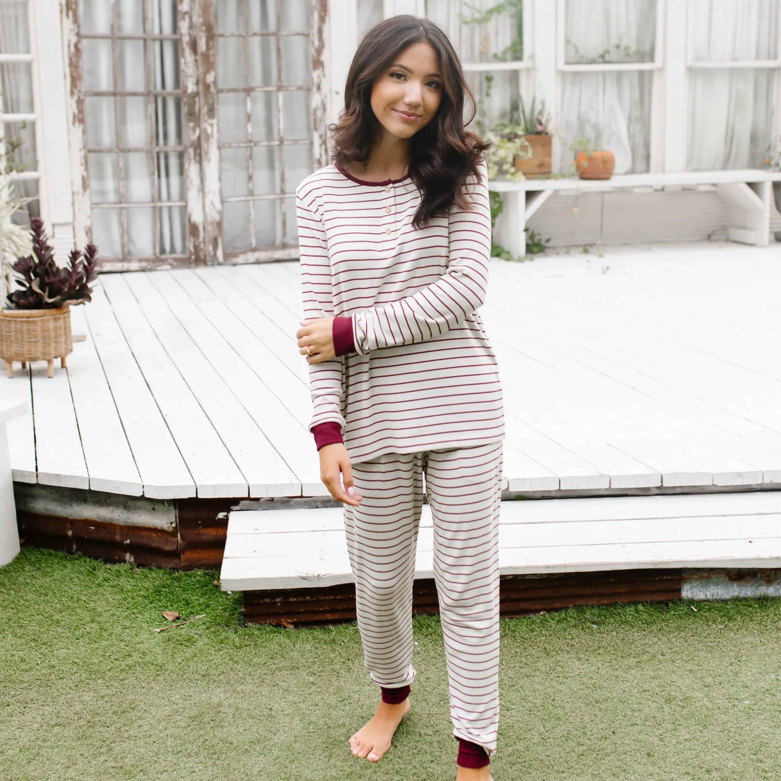 Outlet Kyte Baby Women’s Ribbed Henley Set in Burgundy Stripe