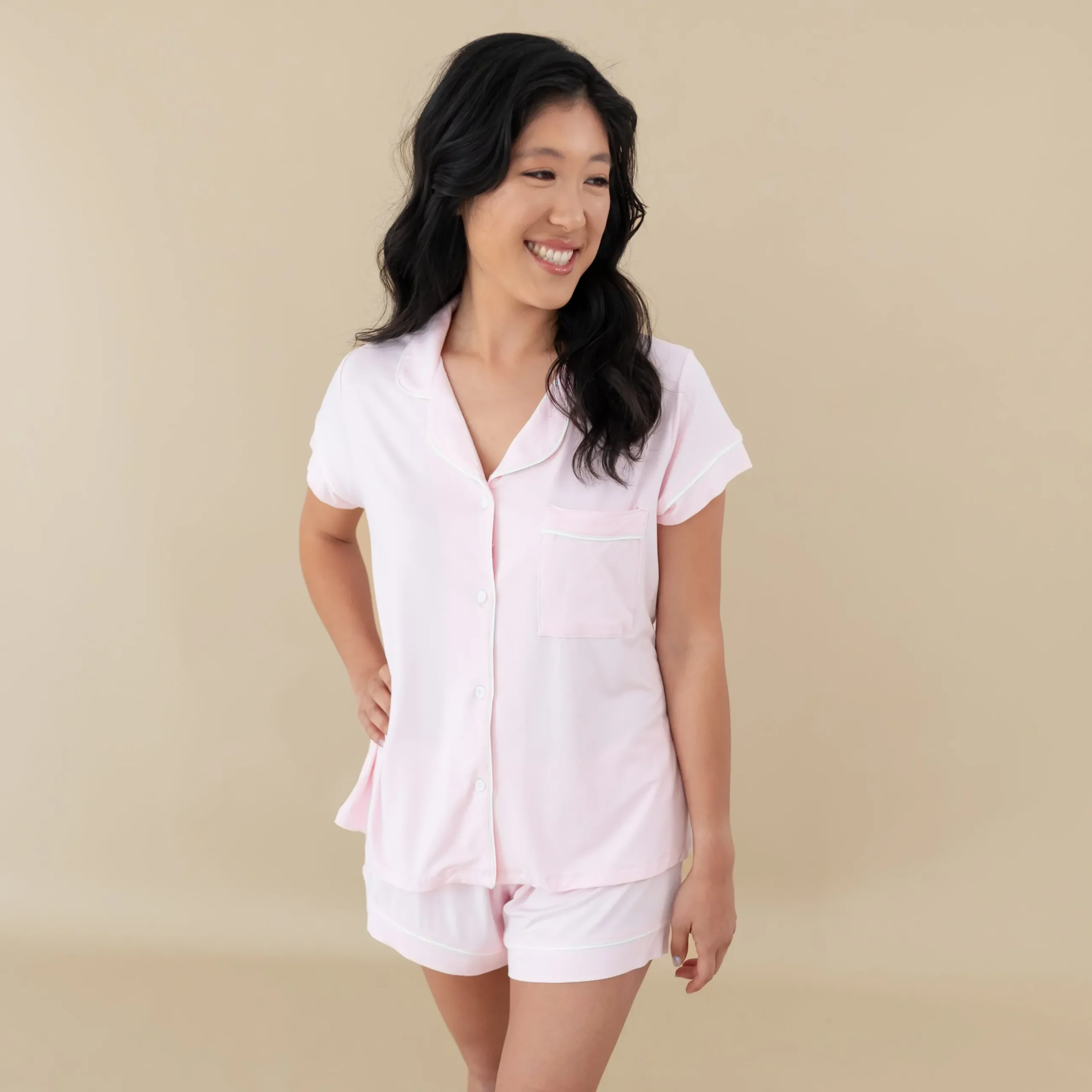 New Kyte Baby Women’s Short Sleeve Pajama Set in Sakura with Cloud Trim