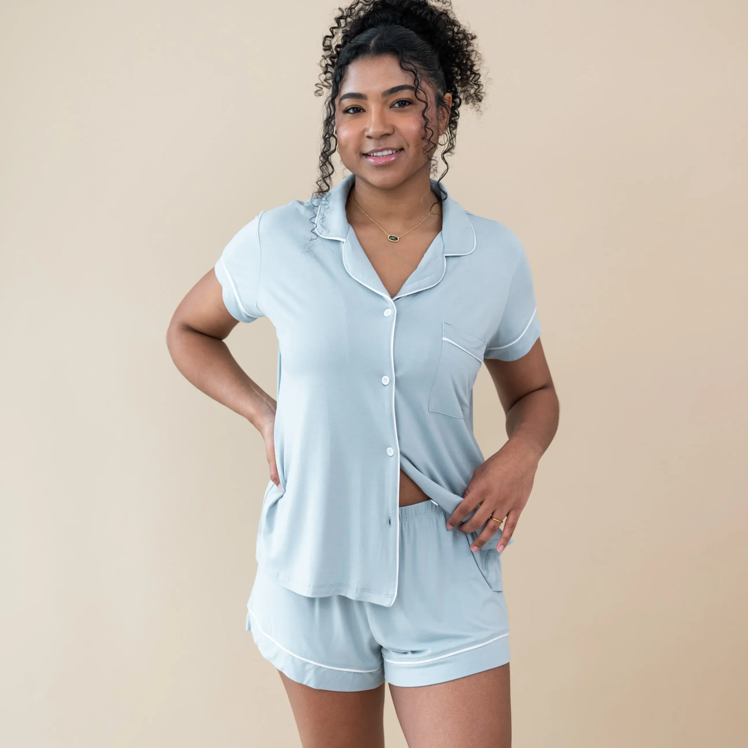 Clearance Kyte Baby Women’s Short Sleeve Pajama Set in Fog with Cloud Trim