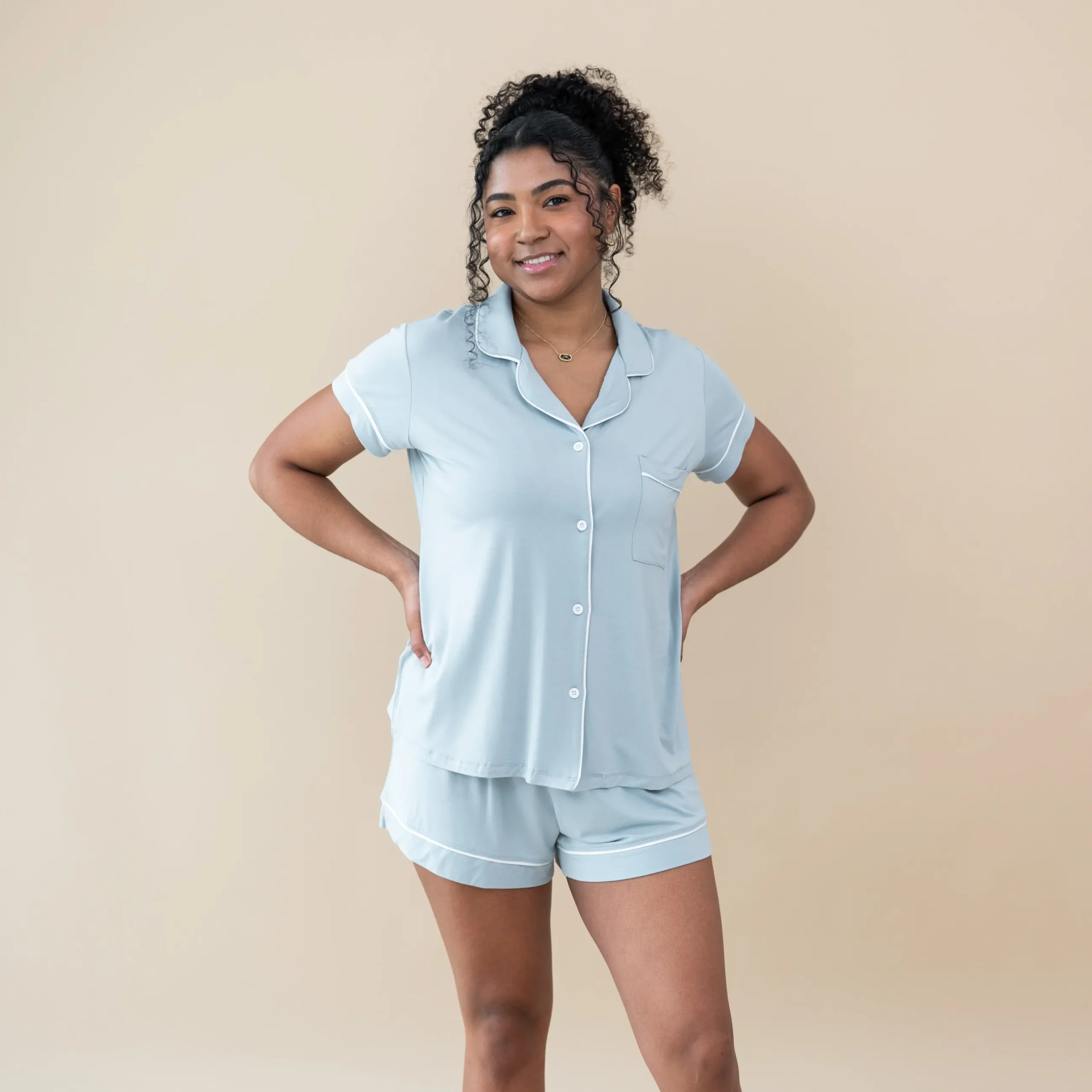 Clearance Kyte Baby Women’s Short Sleeve Pajama Set in Fog with Cloud Trim