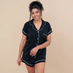 Hot Kyte Baby Women’s Short Sleeve Pajama Set in Midnight with Cloud Trim