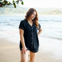 Hot Kyte Baby Women’s Short Sleeve Pajama Set in Midnight with Cloud Trim