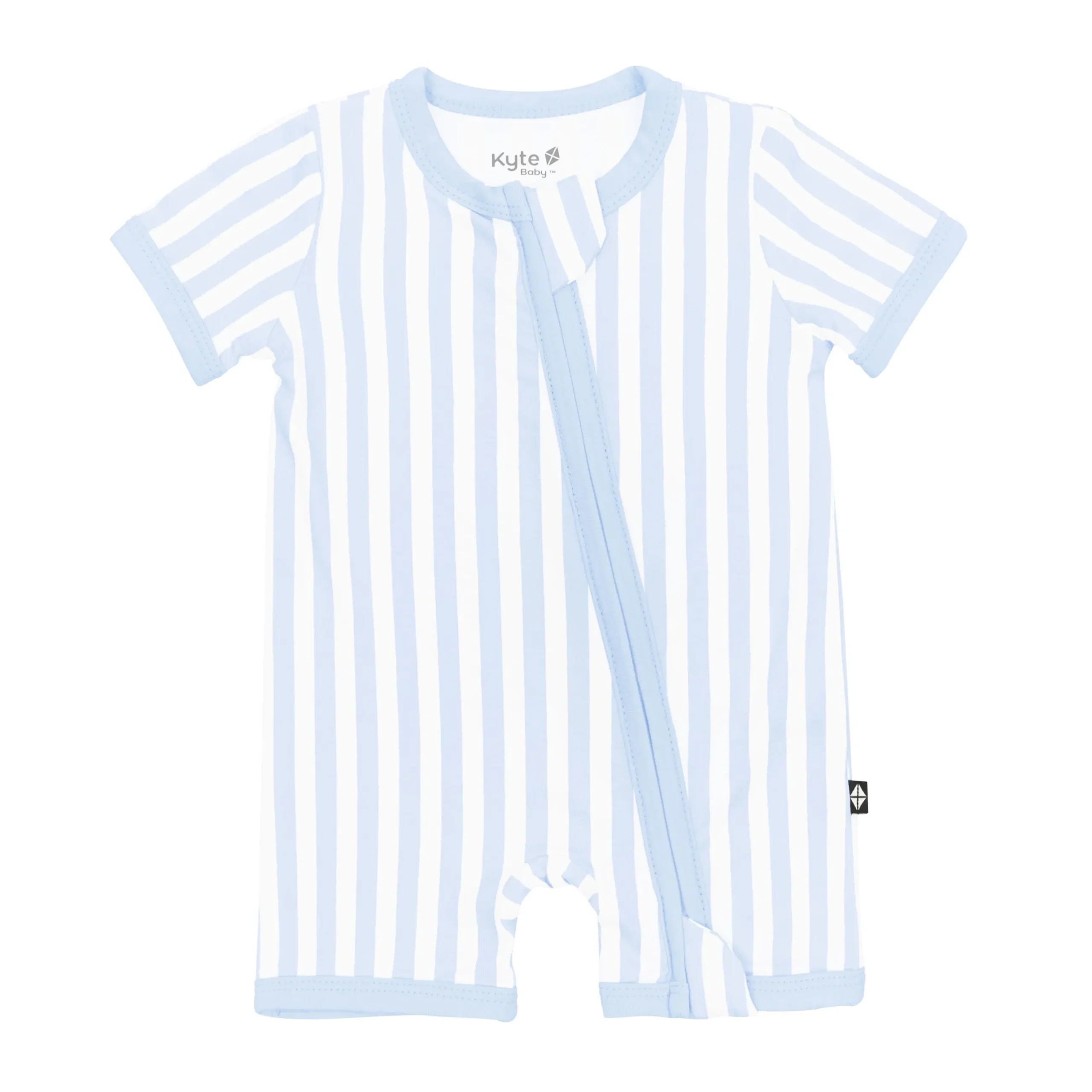 Discount Kyte Baby Zipper Shortall Romper in Small Mist Stripe