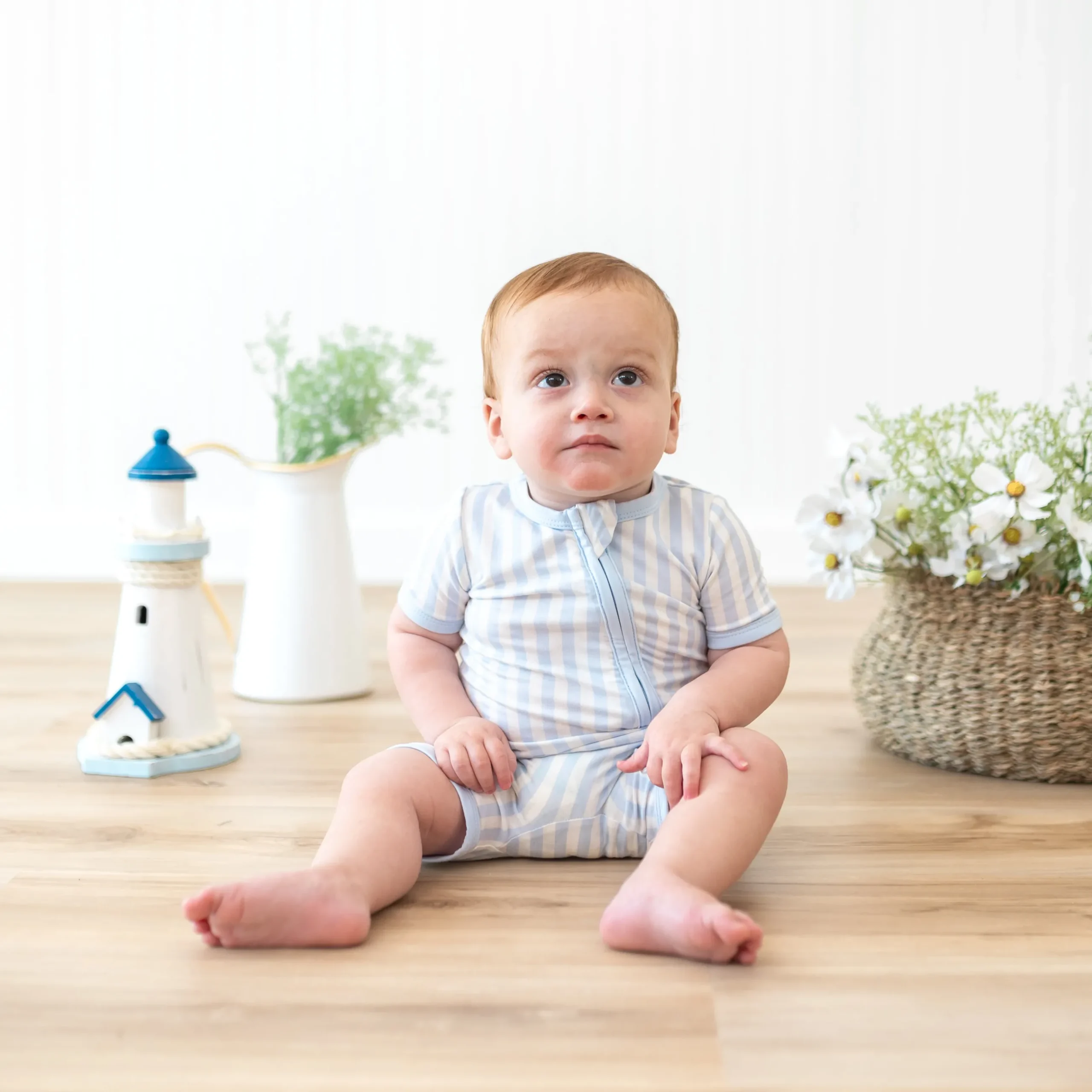 Discount Kyte Baby Zipper Shortall Romper in Small Mist Stripe