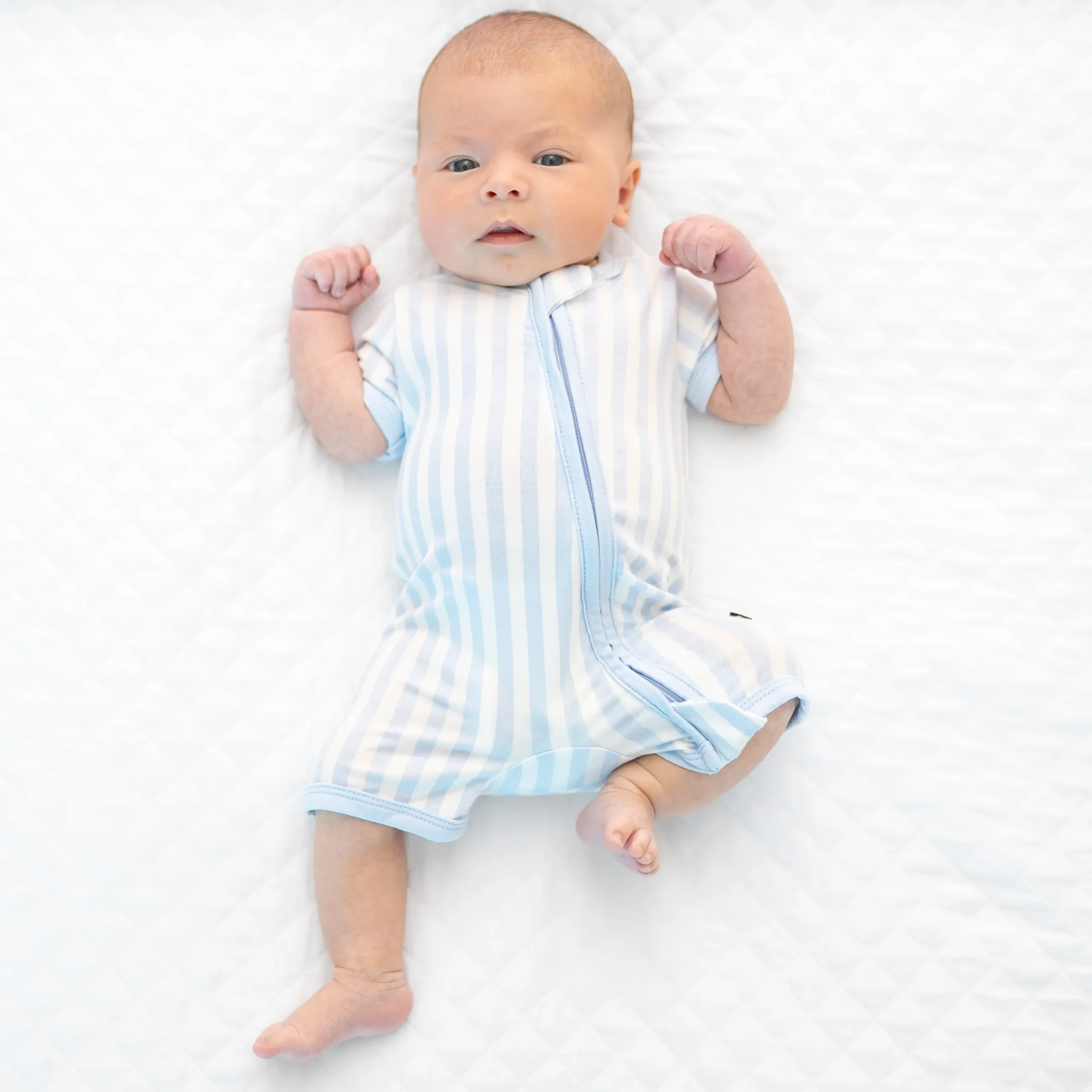 Discount Kyte Baby Zipper Shortall Romper in Small Mist Stripe