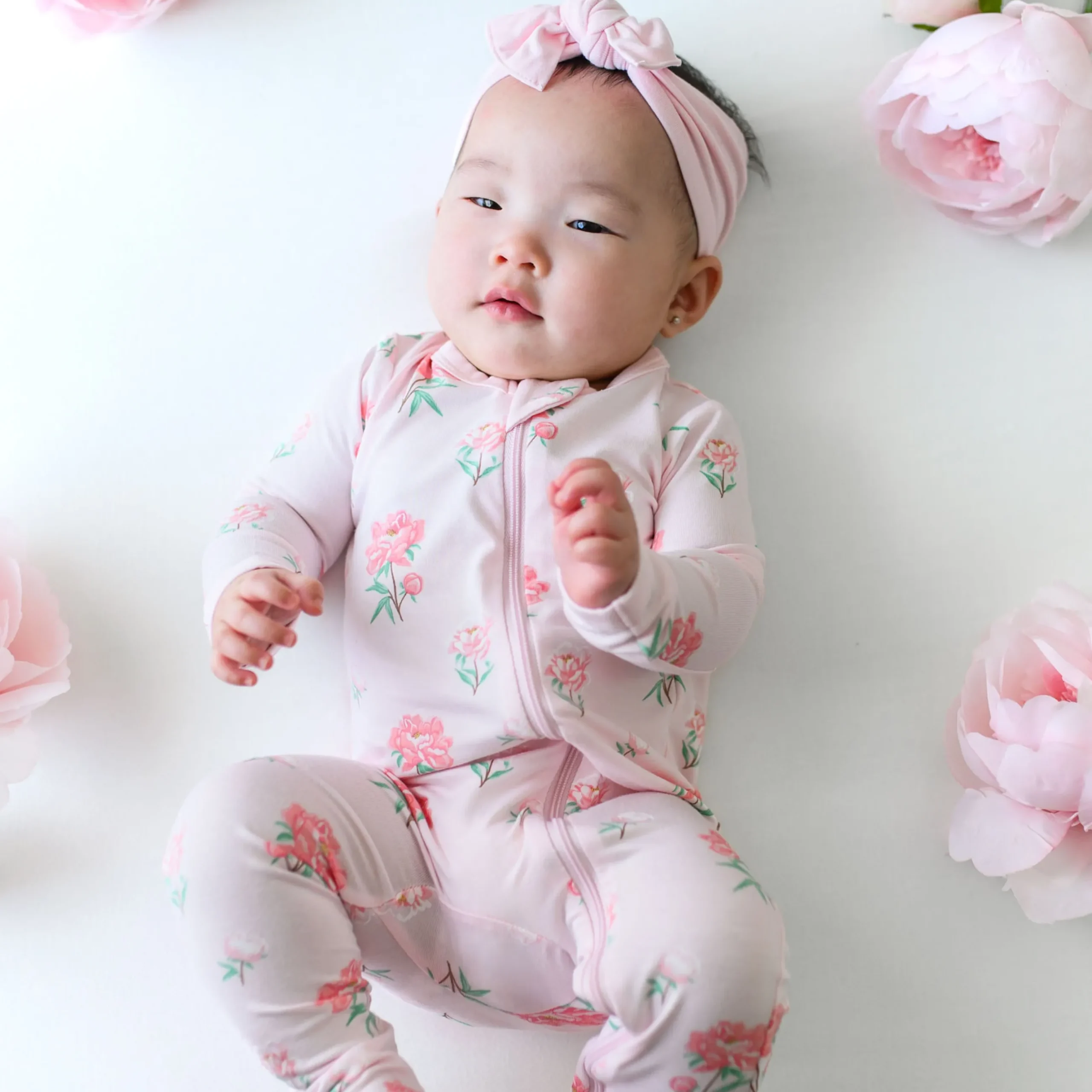 Hot Kyte Baby Zippered Footie in Sakura Peony
