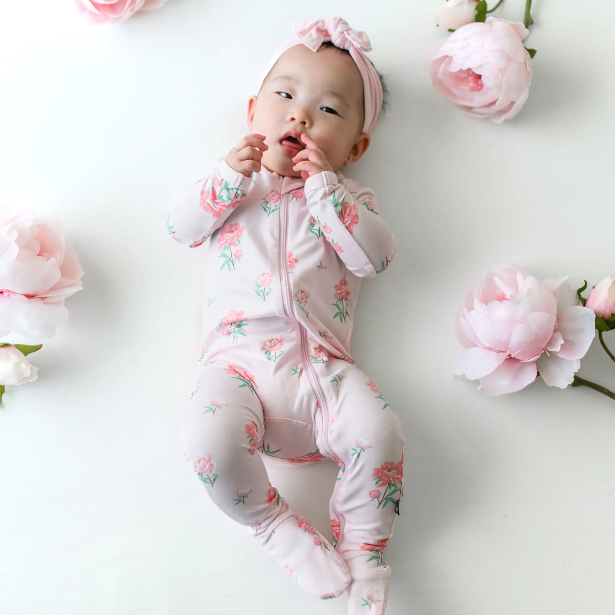 Hot Kyte Baby Zippered Footie in Sakura Peony