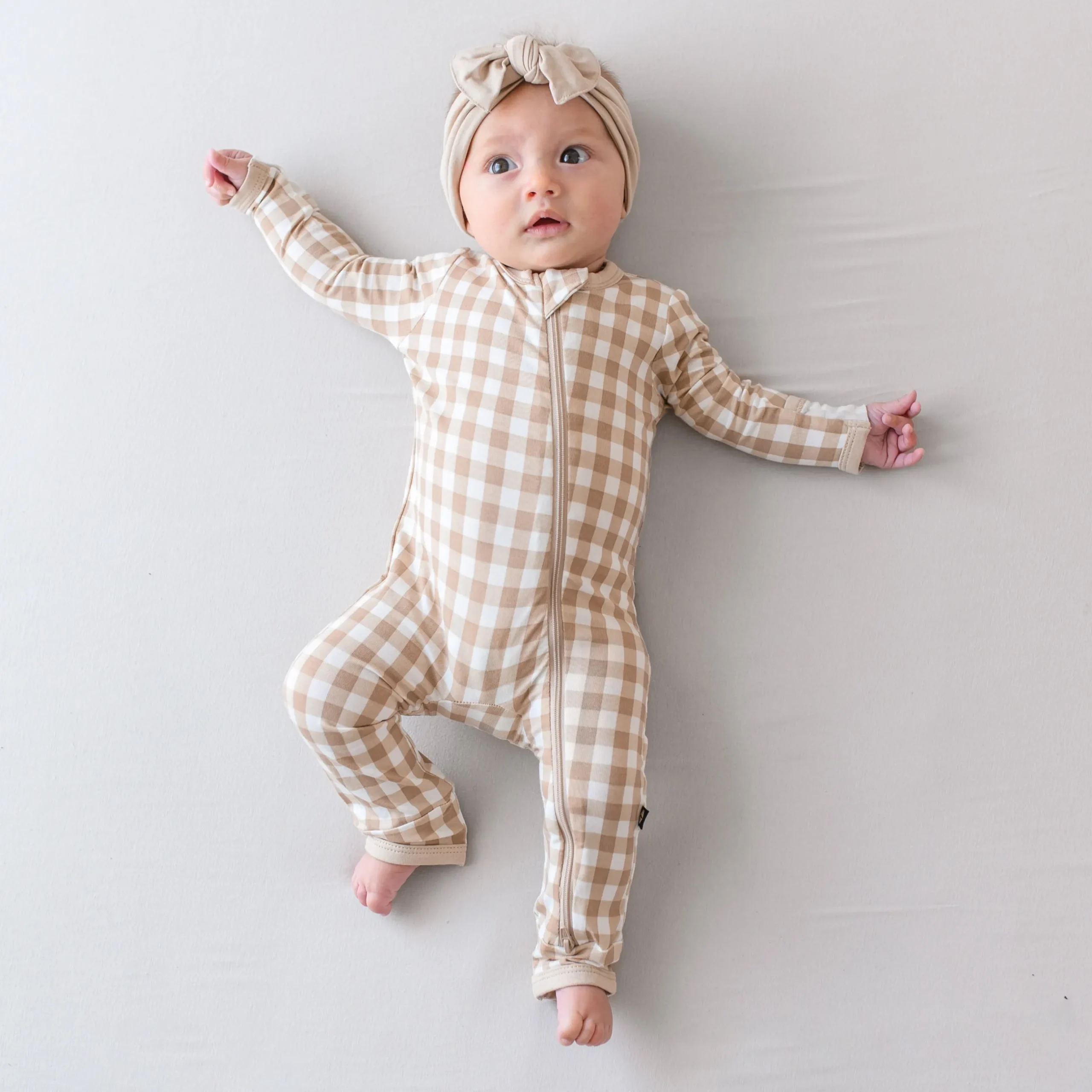 Best Kyte Baby Zippered Romper in Gingham Bisque