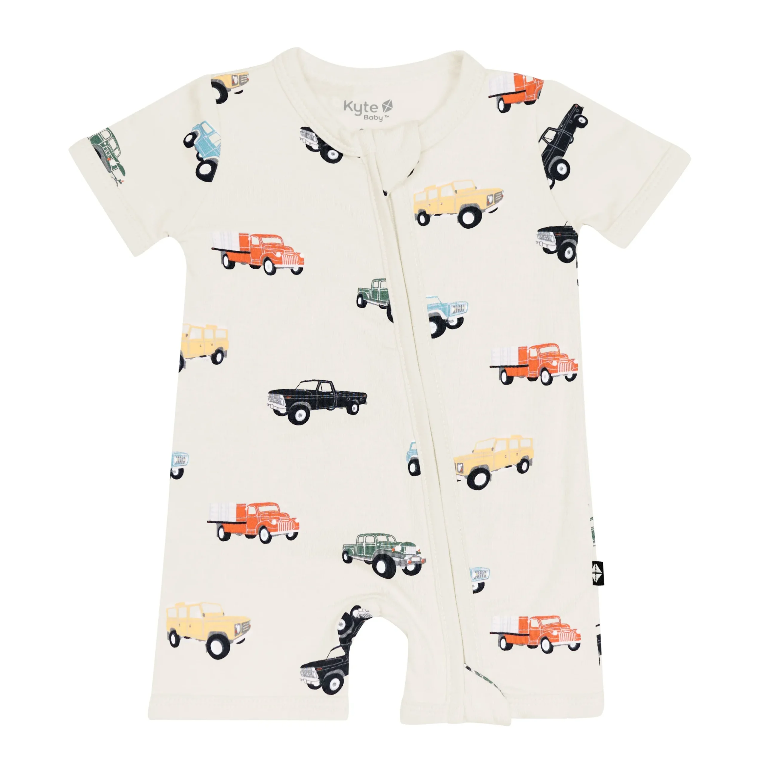 Kyte Baby Zippered Shortall Romper in Vintage Truck